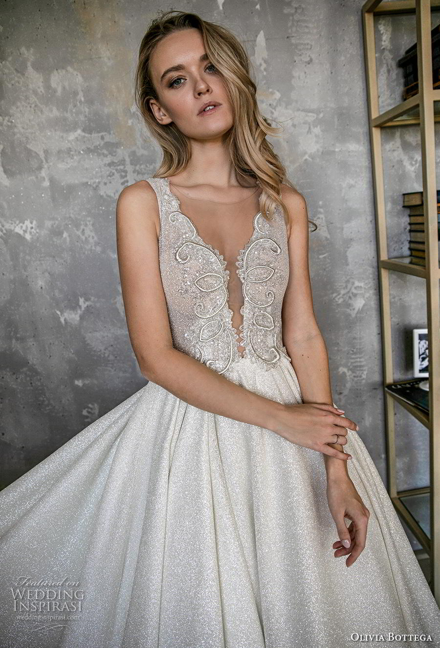 olivia bottega 2020 bridal sleeveless deep plunging v neck full embellishment glizy glamorous a  line wedding dress sheer button v back chapel train (16) zv