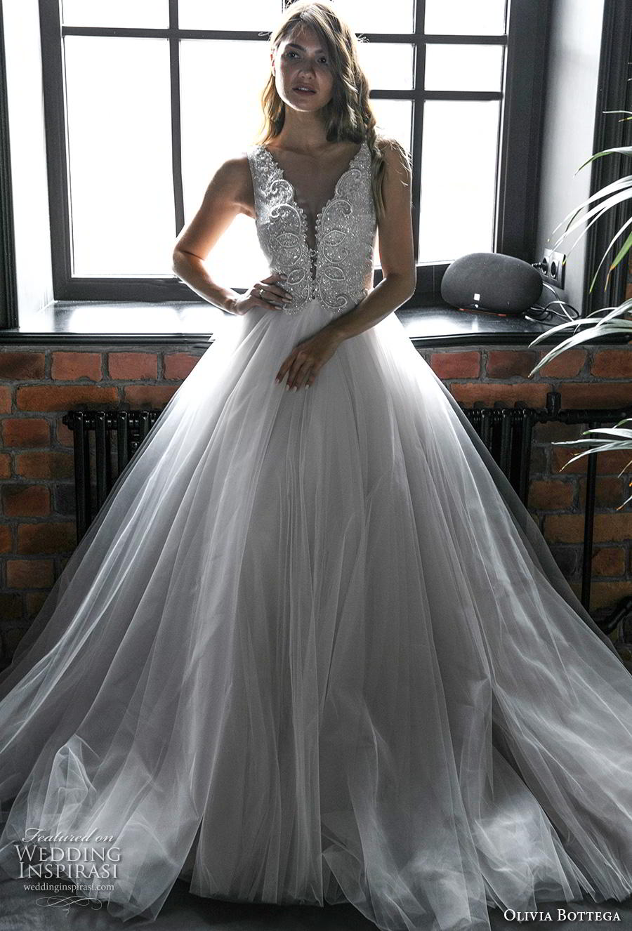 olivia bottega 2020 bridal sleeveless with strap deep v neck heavily embellished bodice romantic soft a  line wedding dress sheer button v back chapel train (8) mv