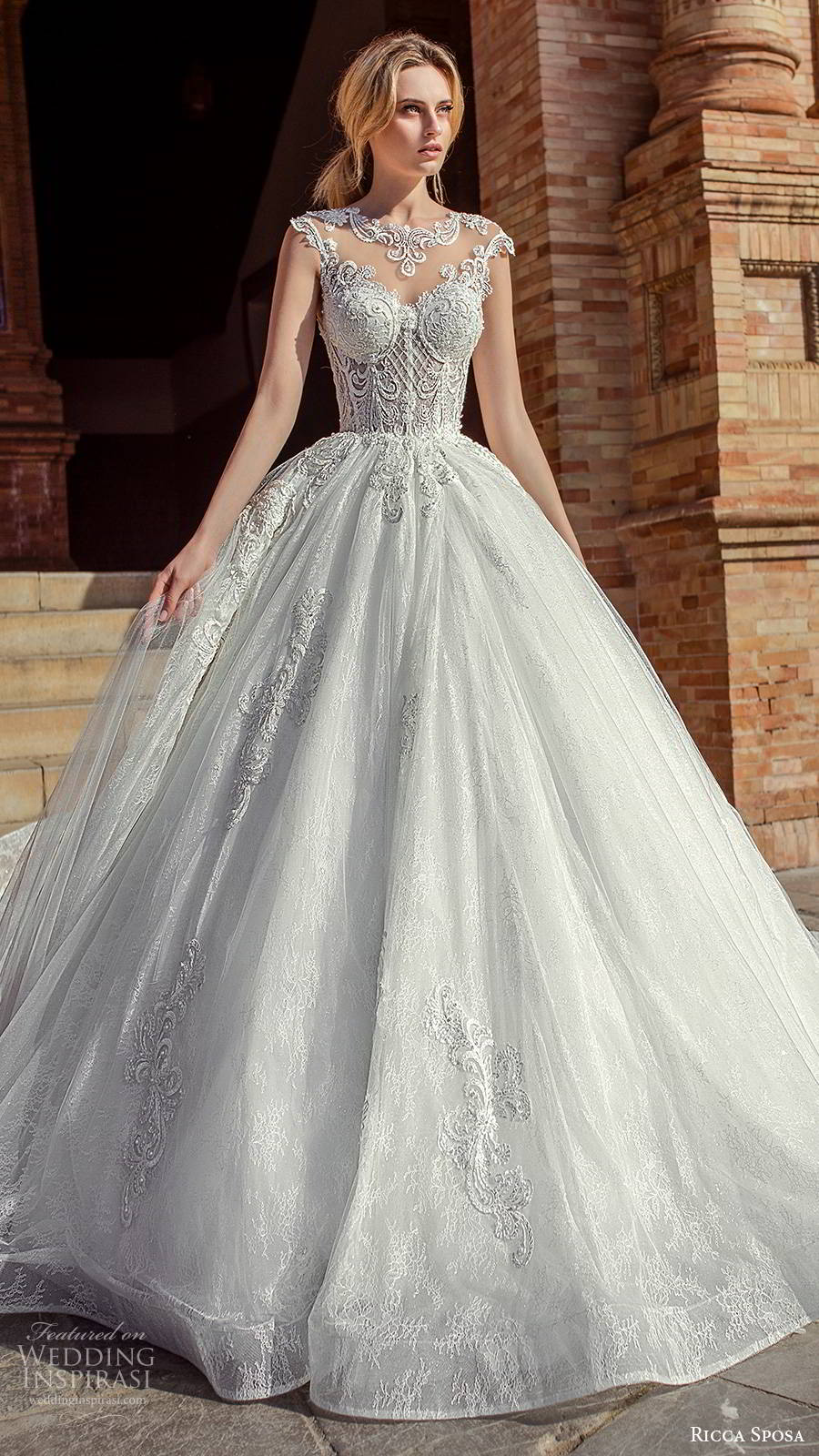 ricca sposa 2019 bridal illusion cap sleeves jewel neckline embellished bodice romantic princess a line ball gown wedding dress illusion back cathedral train (3) mv