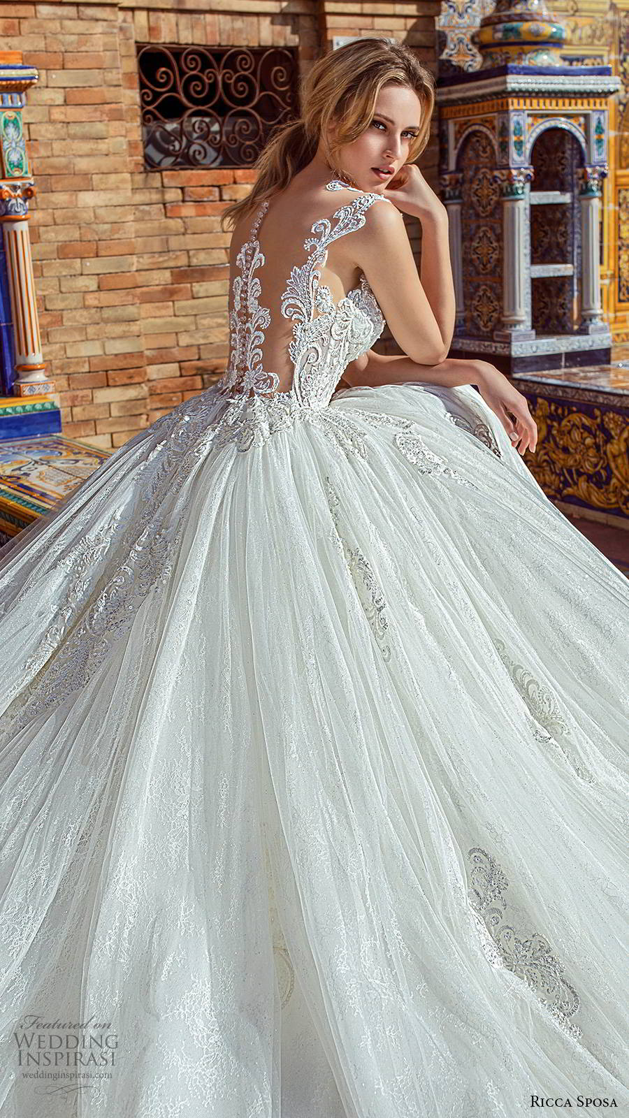 ricca sposa 2019 bridal illusion cap sleeves jewel neckline embellished bodice romantic princess a line ball gown wedding dress illusion back cathedral train (3) zbv