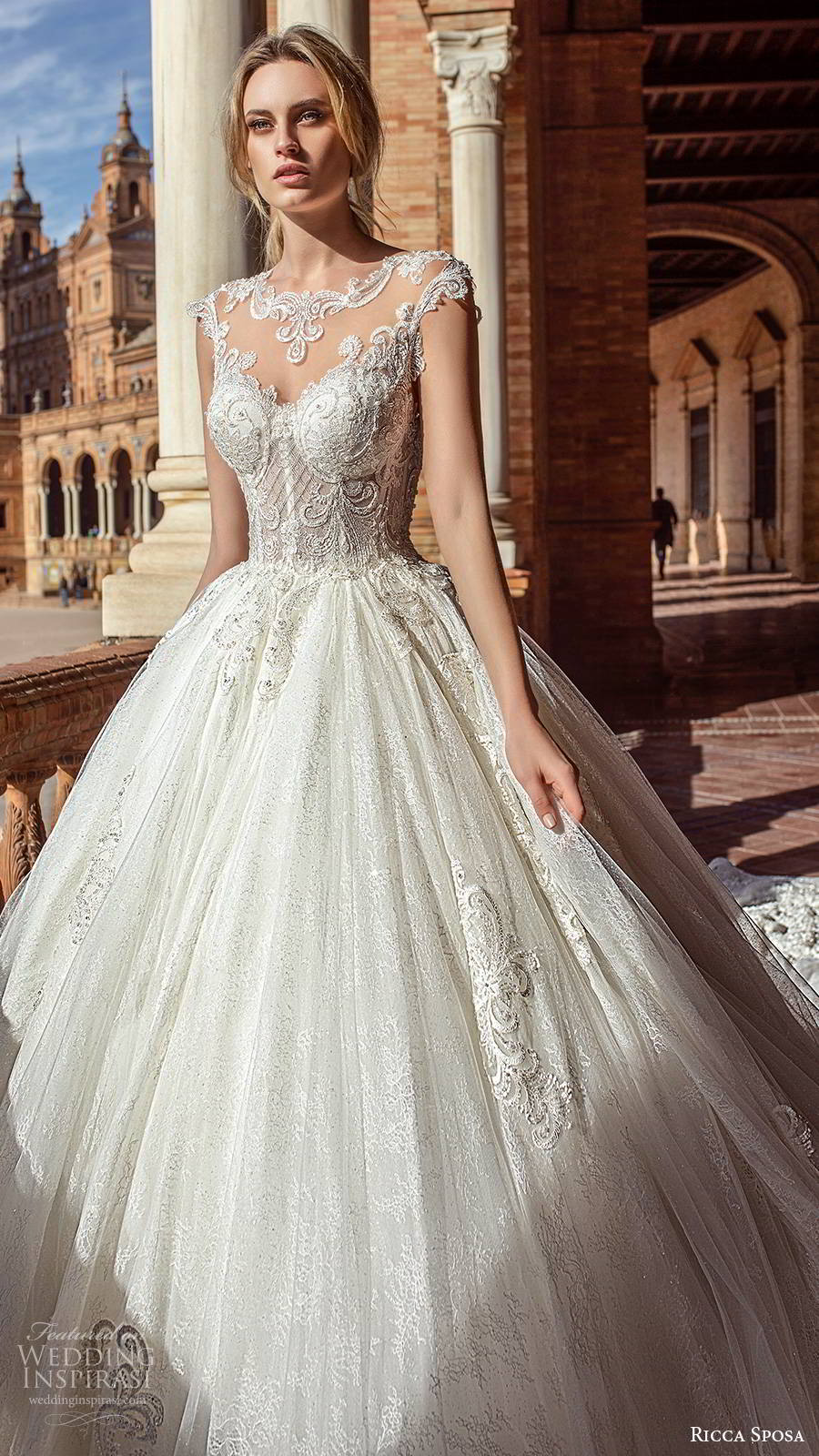 ricca sposa 2019 bridal illusion cap sleeves jewel neckline embellished bodice romantic princess a line ball gown wedding dress illusion back cathedral train (3) zv