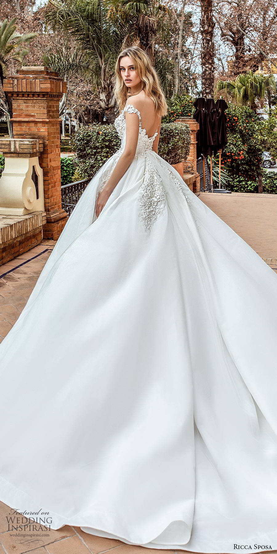 ricca sposa 2019 bridal illusion cap sleeves off shoulder sweetheart neckline fully embellished a line ball gown romantic wedding dress scoop back cathedral train (11) bv