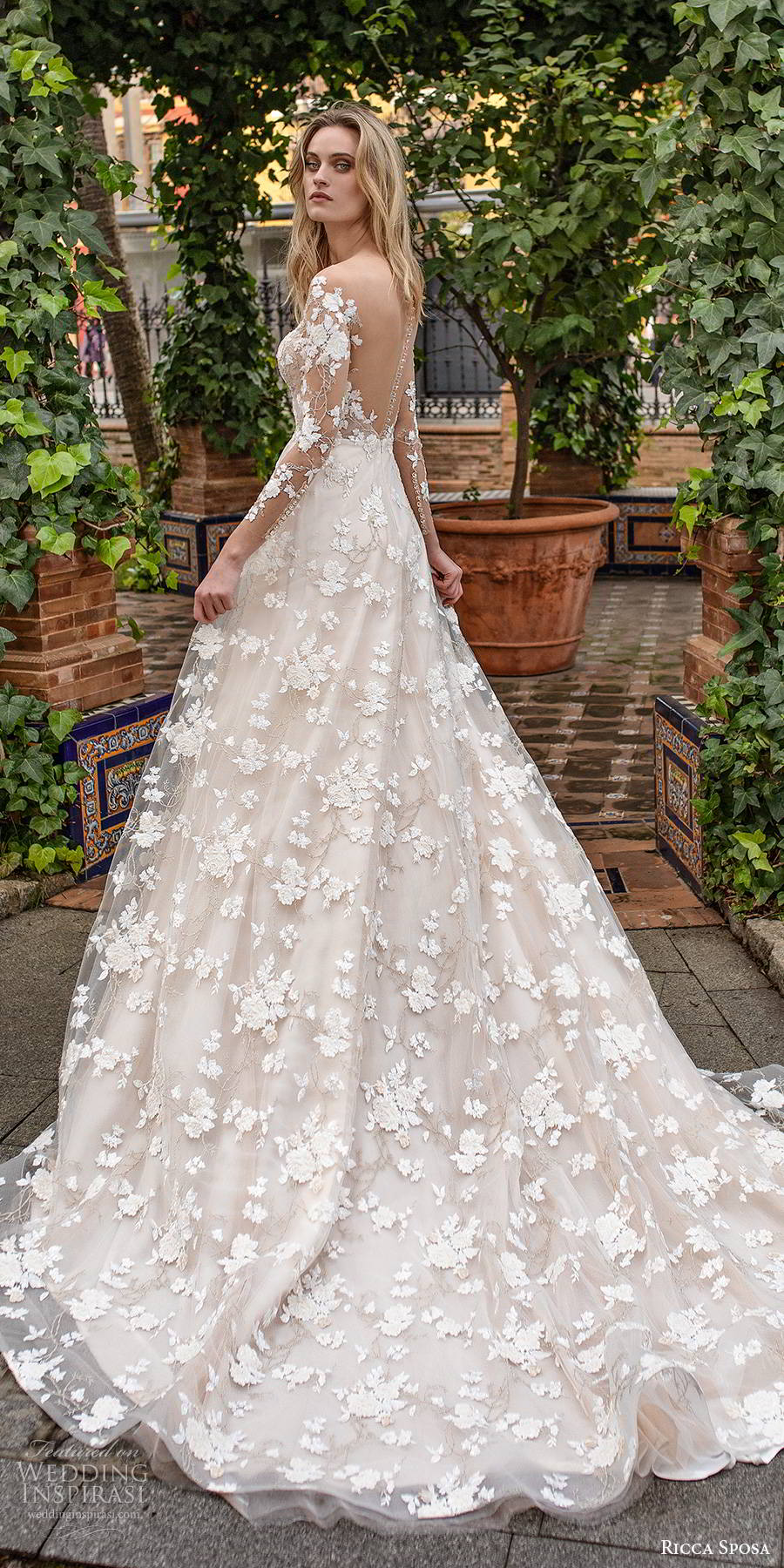 ricca sposa 2019 bridal illusion long sleeves off shoulder sweetheart neckline fully embellished elegant a line wedding dress illusion back cathedral train (6) bv