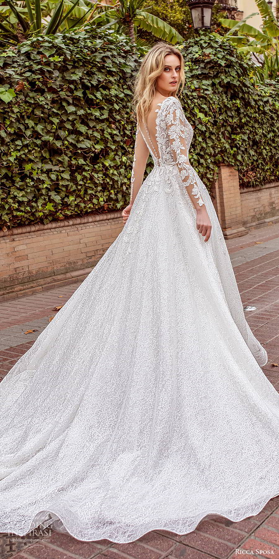 ricca sposa 2019 bridal illusion long sleeves plunging v neckline fully embellished elegant a line ball gown lace wedding dress v back chapel train (8) bv