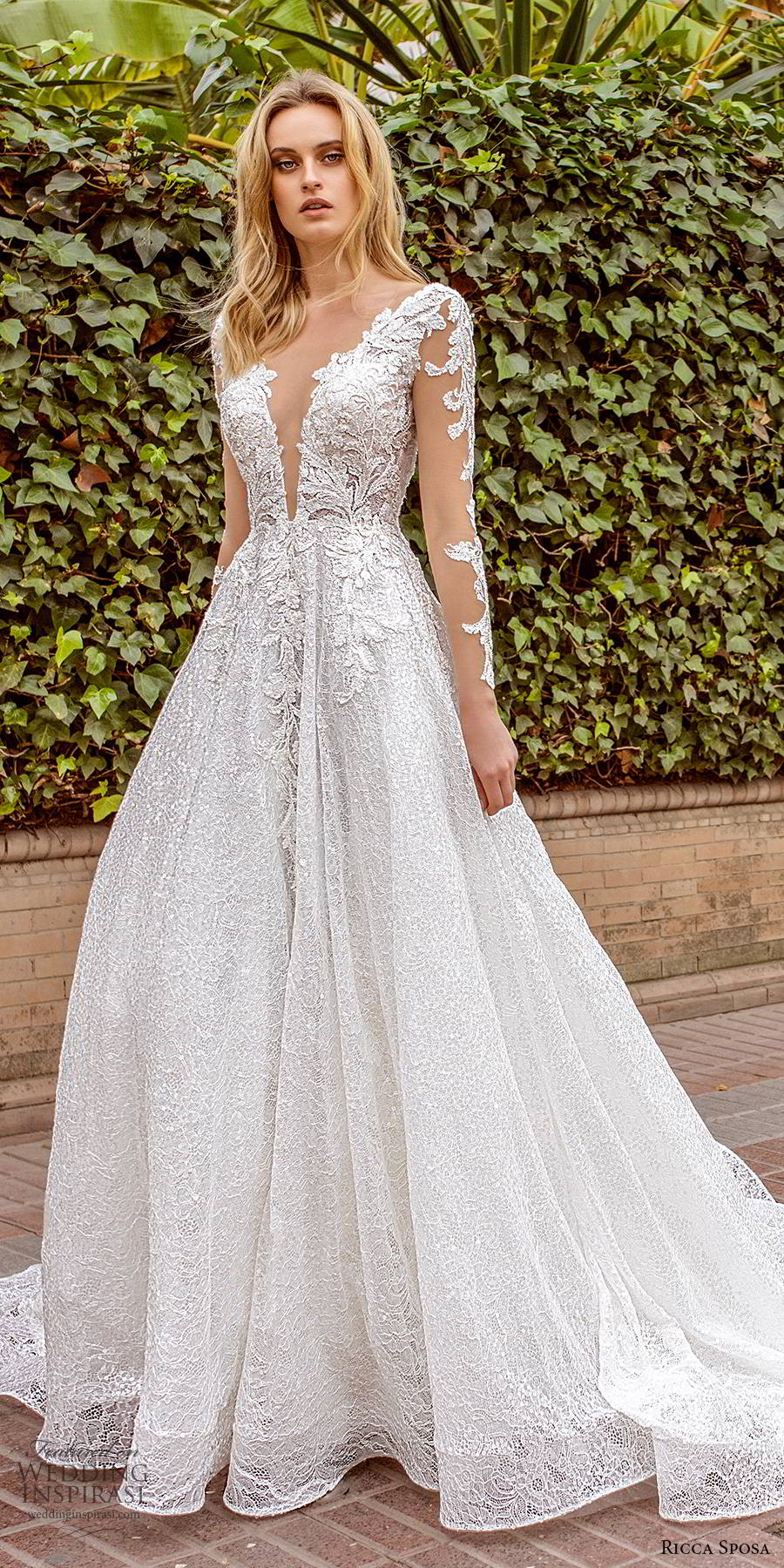 ricca sposa 2019 bridal illusion long sleeves plunging v neckline fully embellished elegant a line ball gown lace wedding dress v back chapel train (8) mv