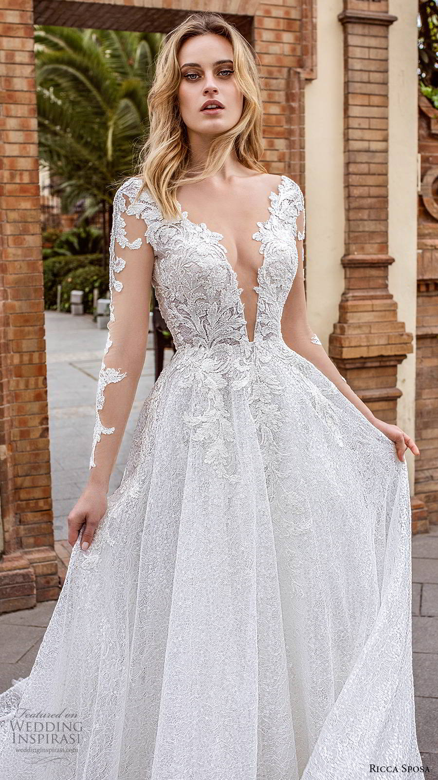 ricca sposa 2019 bridal illusion long sleeves plunging v neckline fully embellished elegant a line ball gown lace wedding dress v back chapel train (8) zv