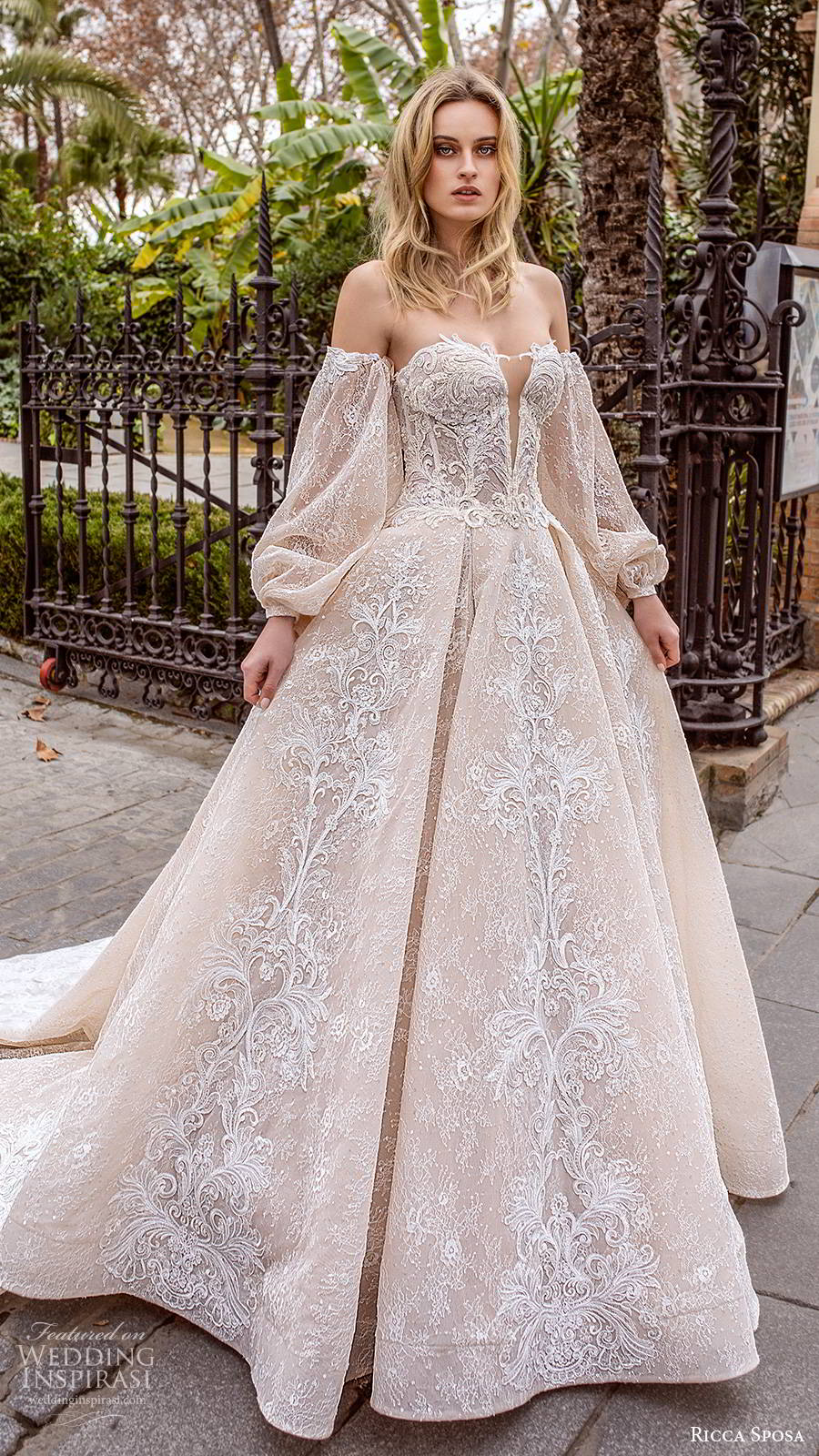 ricca sposa 2019 bridal off shoulder semi sweetheart fully embellished romantic ball gown a line wedding dress chapel train blush color (1) mv