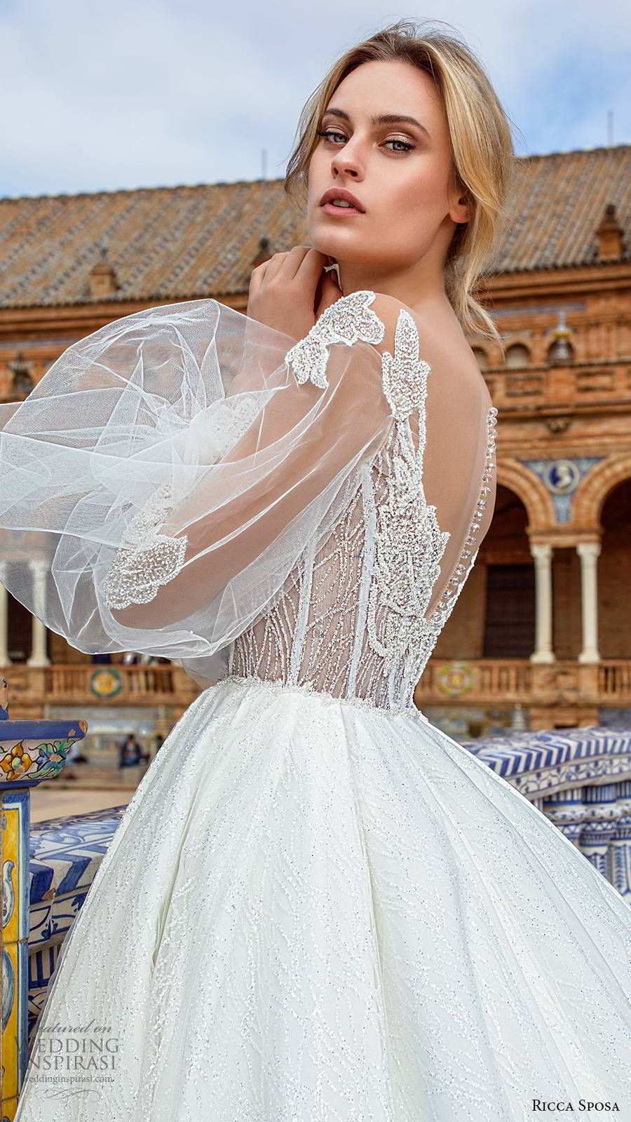 ricca sposa 2019 bridal sheer balloon bishop sleeves off shoulder v neckline embellished corset bodice romantic a line ball gown wedding dress sheer back cathedral train (9) sv