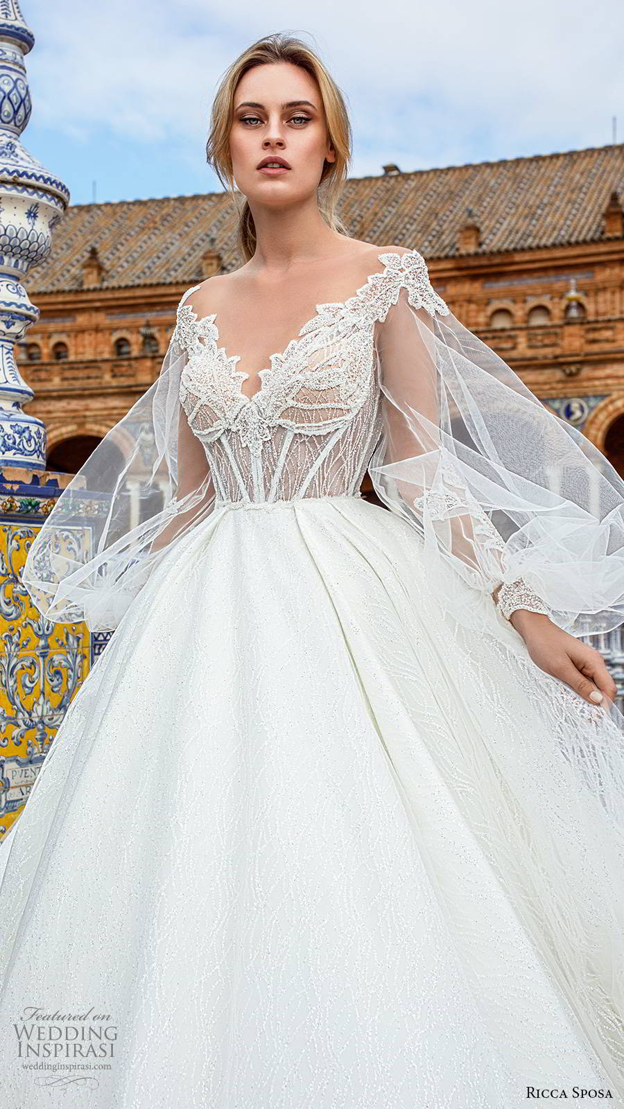 ricca sposa 2019 bridal sheer balloon bishop sleeves off shoulder v neckline embellished corset bodice romantic a line ball gown wedding dress sheer back cathedral train (9) zv