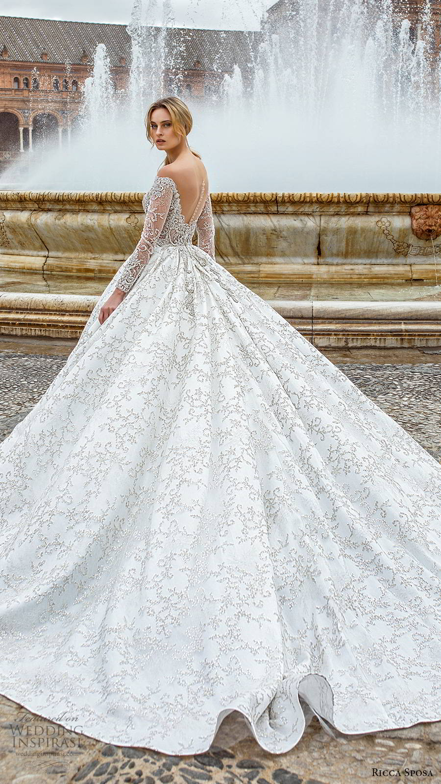 ricca sposa 2019 bridal sheer long sleeves off shoulder sweetheart neckline fully embellished elegant a line ball gown wedding dress v back cathedral train (8) bv