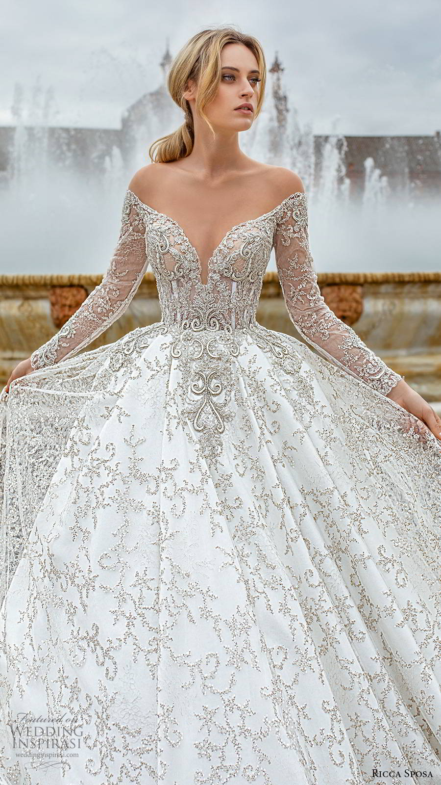 ricca sposa 2019 bridal sheer long sleeves off shoulder sweetheart neckline fully embellished elegant a line ball gown wedding dress v back cathedral train (8) zv