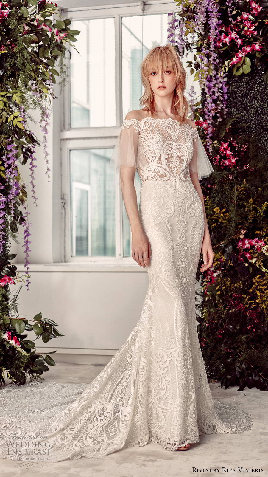 rivini by rita vinieris spring 2020 bridal sheer butterfly sleeves off shoulder straight across neckline fully embellished lace elegant sheath wedding dress illusion back chapel train (3) mv