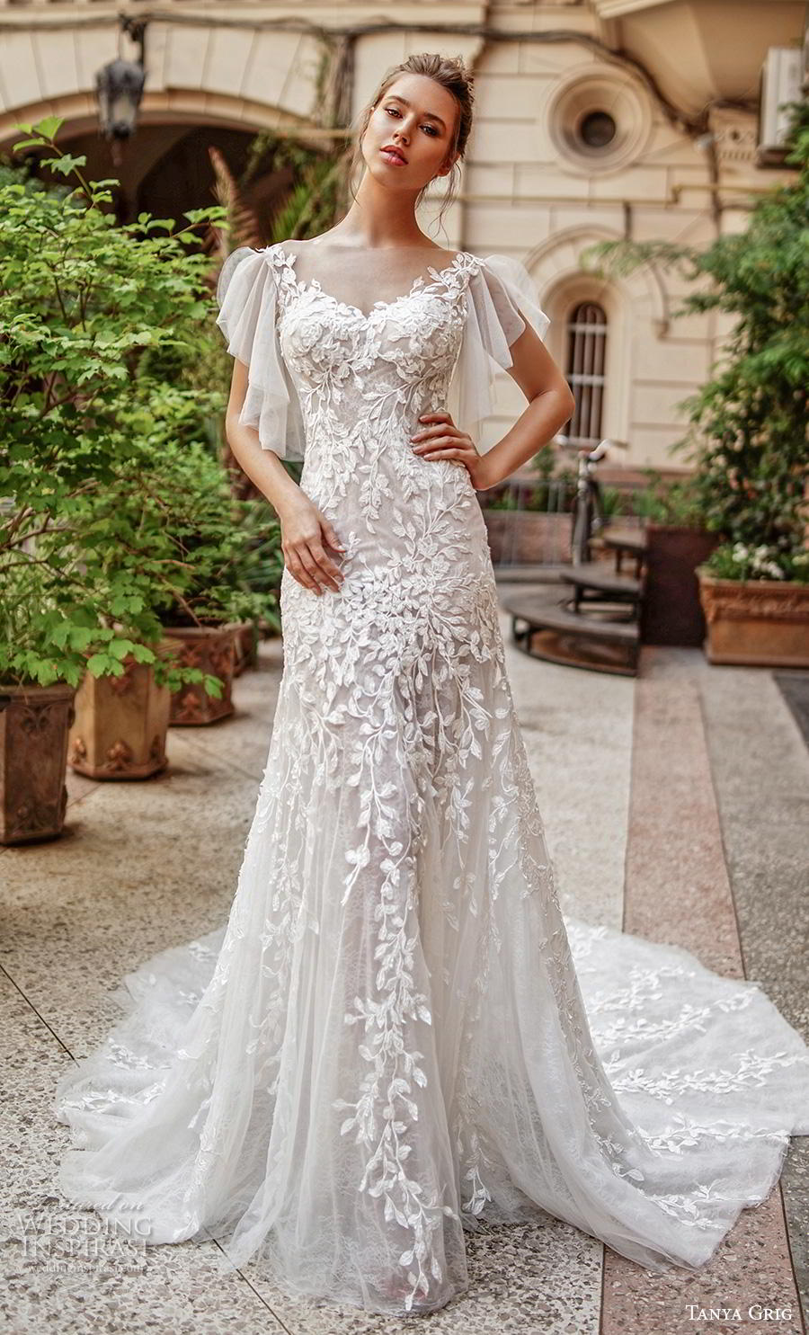 tanya grig 2020 bridal butterfly sleeves v neck full embellishment romantic drop waist modified a  line wedding dress sheer button back chapel train (8) mv