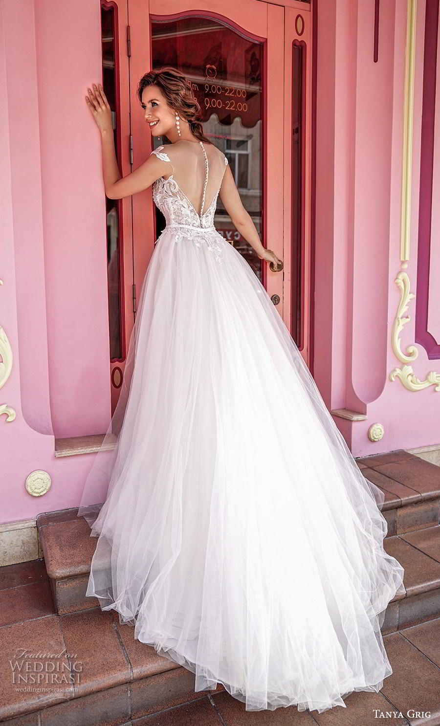 tanya grig 2020 bridal cap sleeves illusion bateau sweetheart neckline heavily embellished bodice romantic a  line wedding dress sheer button back chapel train (7) bv