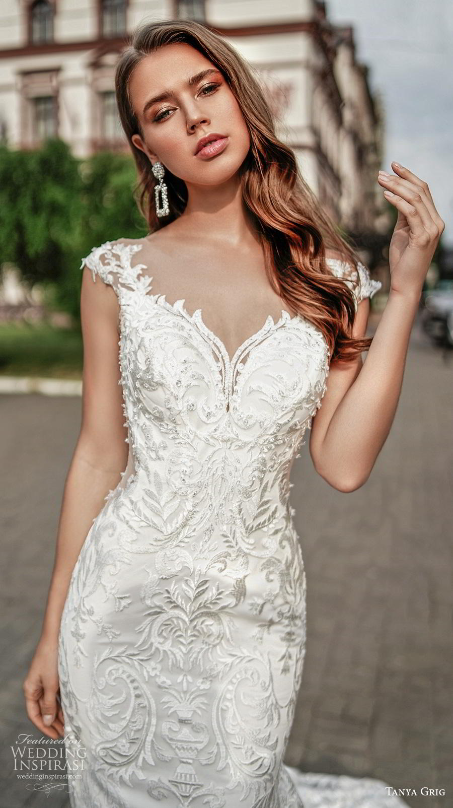 tanya grig 2020 bridal cap sleeves sweetheart neckline full embellishment elegant glamorous fit and flare wedding dress sheer button back royal train (6) zv