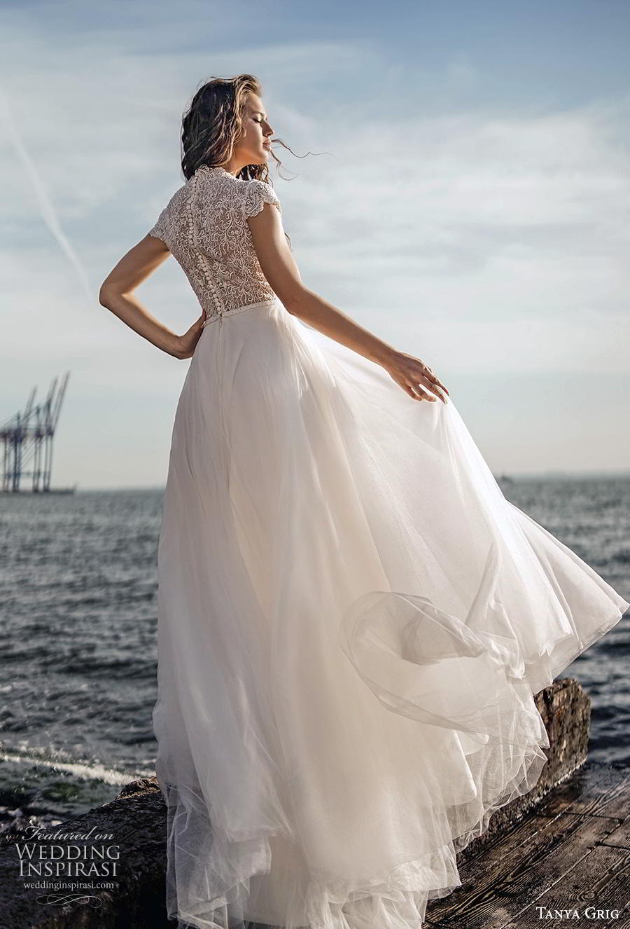 tanya grig 2020 bridal cap sleeves v neck heavily embellished bodice elegant soft a  line wedding dress covered lace back chapel train (12) bv