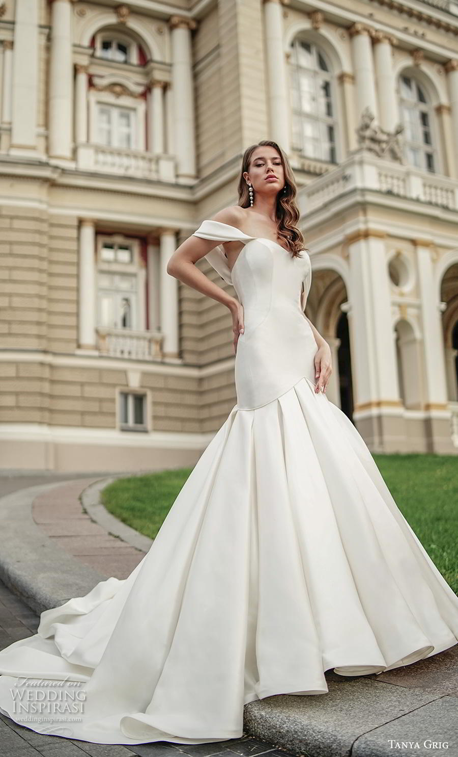 tanya grig 2020 bridal off the shoulder sweetheart neckline simple clean minimalist elegant mermaid wedding dress mid back chapel train (11) mv