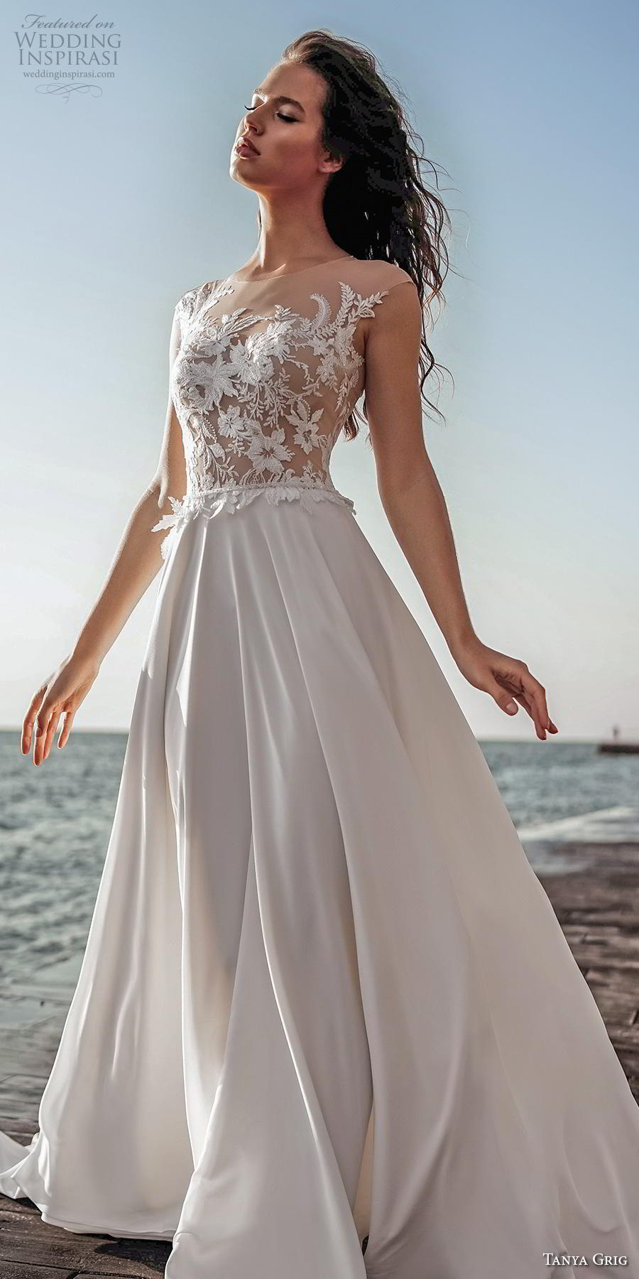 tanya grig 2020 bridal sleeveless illusion bateau heavily embellished bodice romantic soft a  line wedding dress sheer button back chapel train (9) lv