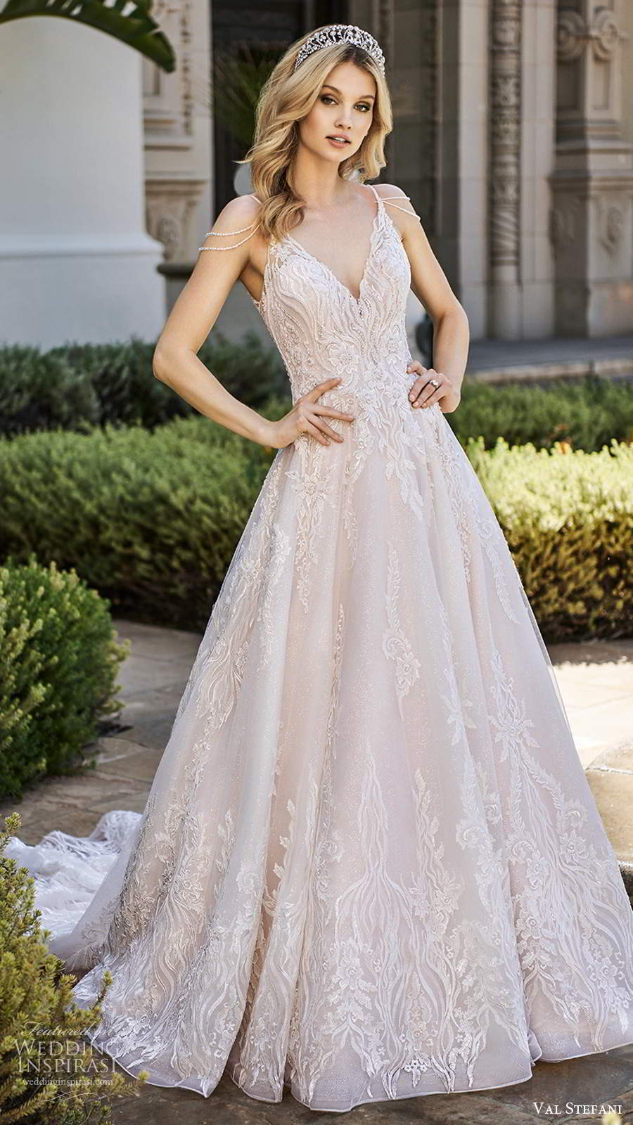 val stefani spring 2020 bridal cold shoulder sleeveless thin straps v neckline fully embellished a line ball gown wedding dress scoop back chapel train (5) mv