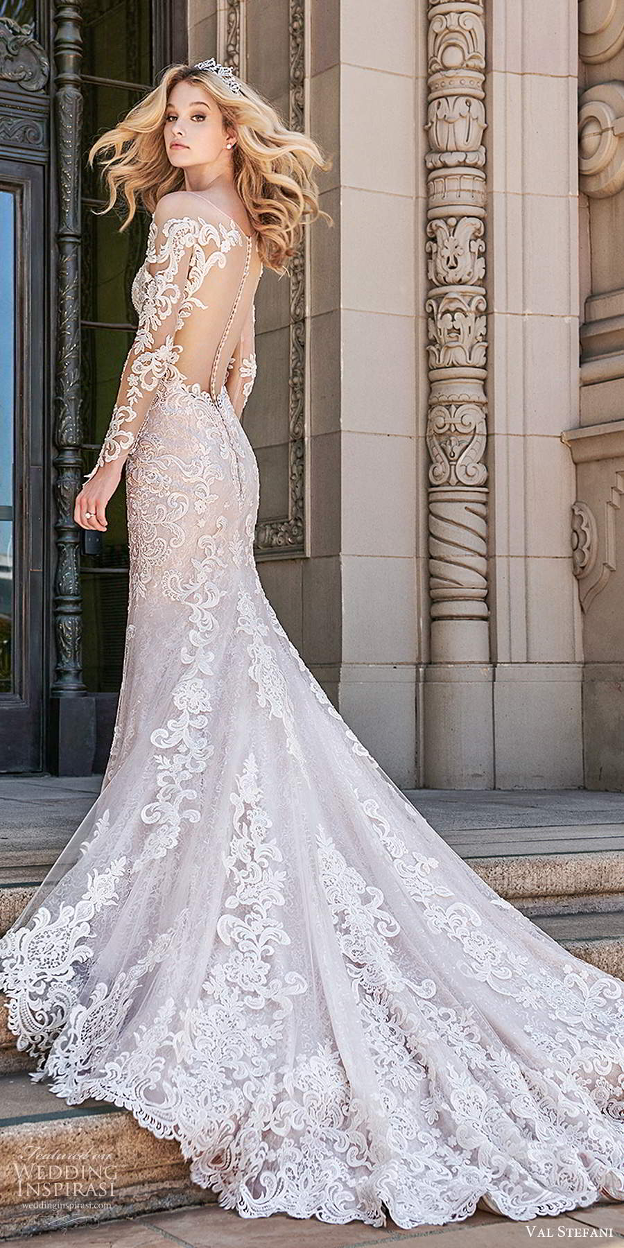 val stefani spring 2020 bridal illusion long sleeves sweetheart neckline fully embellished fit flare modified a line wedding dress illusion back cathedral train (1) bv