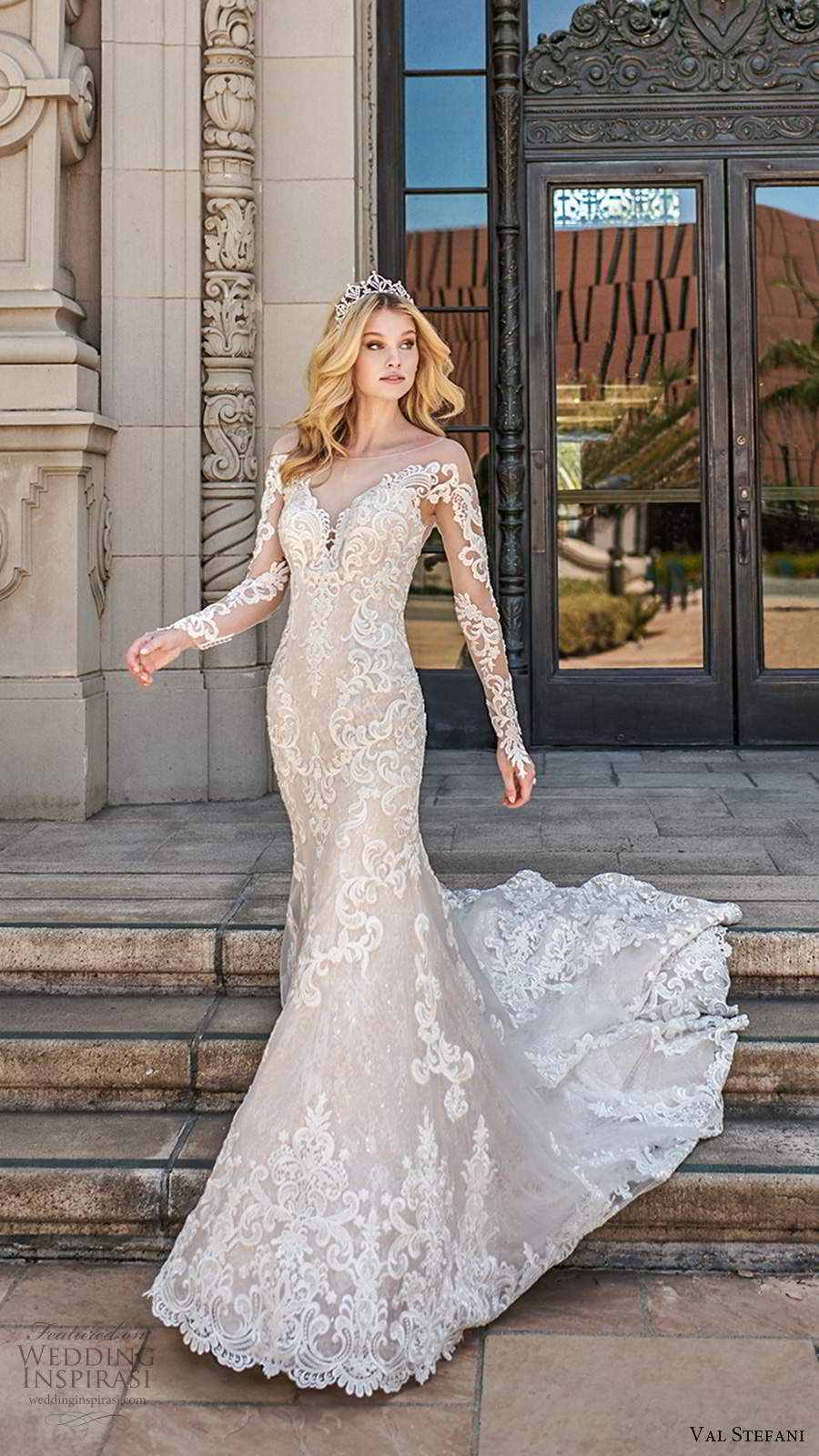 val stefani spring 2020 bridal illusion long sleeves sweetheart neckline fully embellished fit flare modified a line wedding dress illusion back cathedral train (1) mv 