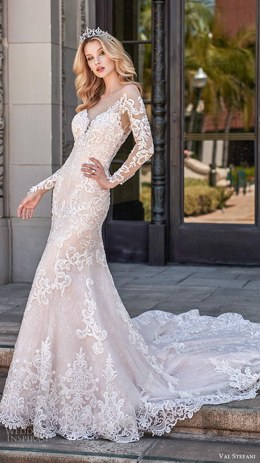 val stefani spring 2020 bridal illusion long sleeves sweetheart neckline fully embellished fit flare modified a line wedding dress illusion back cathedral train (1) mv