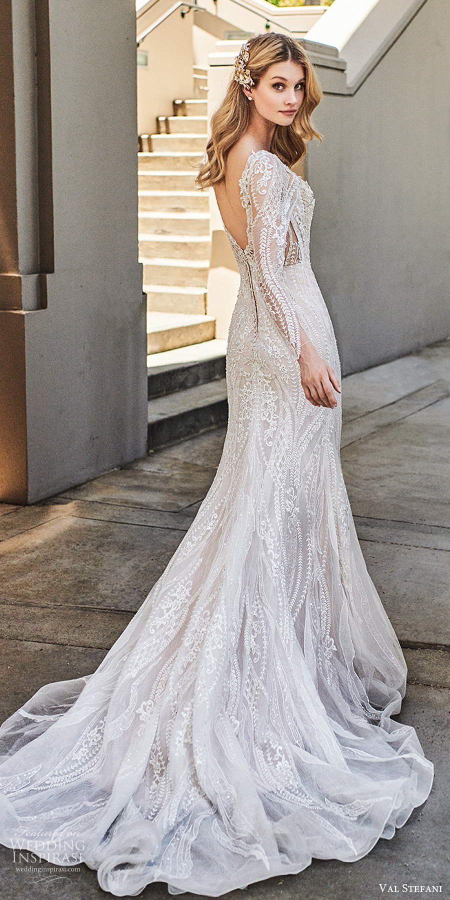 val stefani spring 2020 bridal illusion long sleeves sweetheart neckline fully embellished modified a line mermaid lace wedding dress chapel train (3) bv