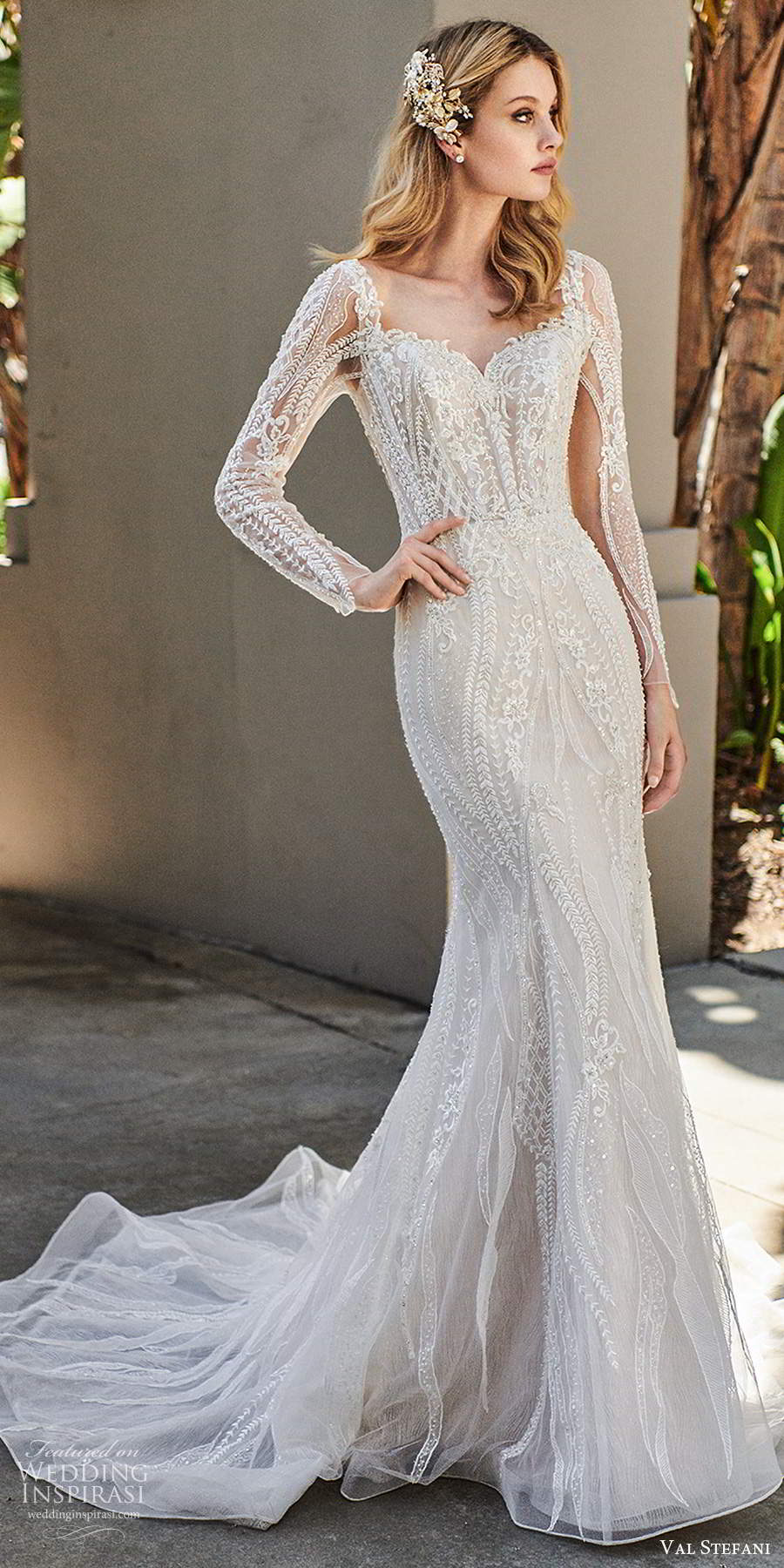 val stefani spring 2020 bridal illusion long sleeves sweetheart neckline fully embellished modified a line mermaid lace wedding dress chapel train (3) fv