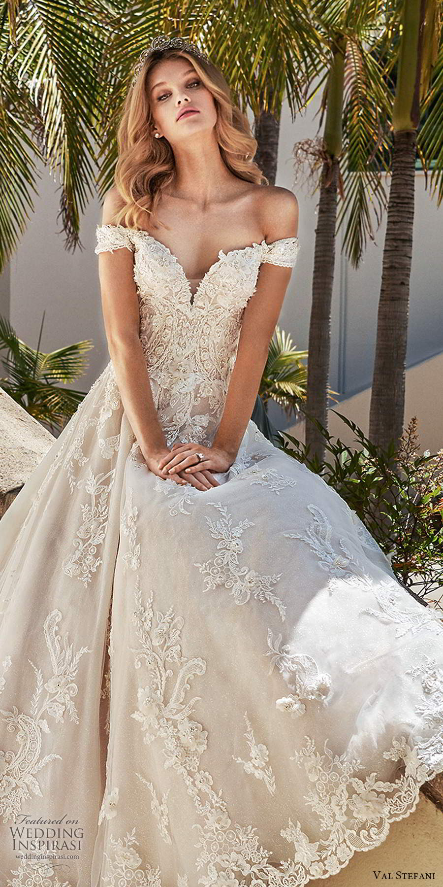 val stefani spring 2020 bridal off shoulder cap sleeves sweetheart neckline fully embellished lace a line ball gown wedding dress chapel train (7) lv