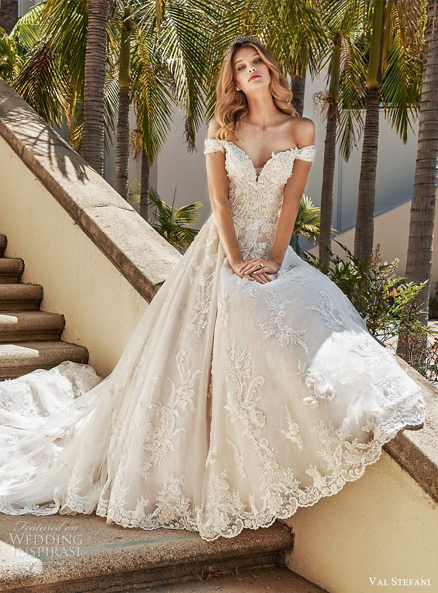 val stefani spring 2020 bridal off shoulder cap sleeves sweetheart neckline fully embellished lace a line ball gown wedding dress chapel train (7) mv