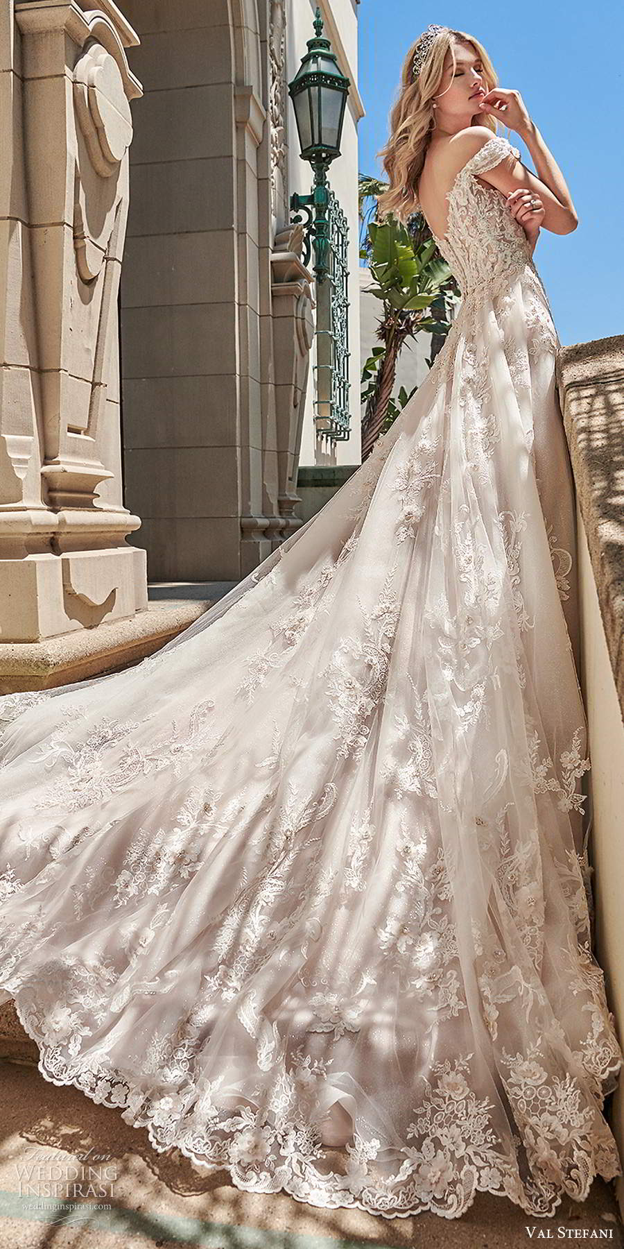val stefani spring 2020 bridal off shoulder cap sleeves sweetheart neckline fully embellished lace a line ball gown wedding dress chapel train (7) sv