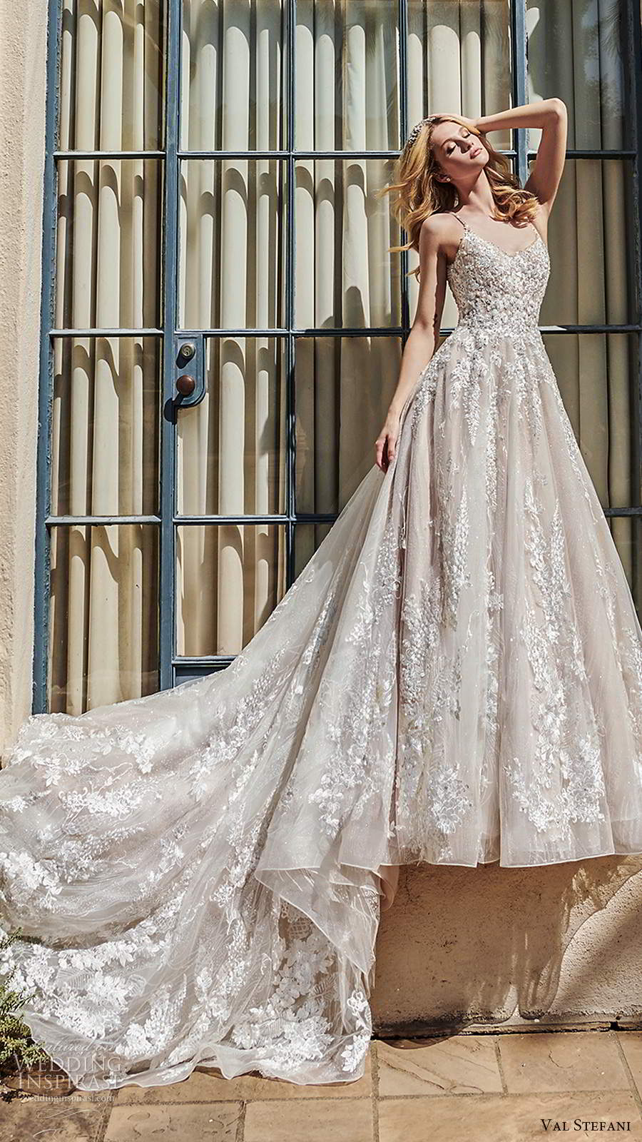 val stefani spring 2020 bridal sleeveless thin straps semi sweetheart fully embellished a line ball gown wedding dress scoop back chapel train (9) mv