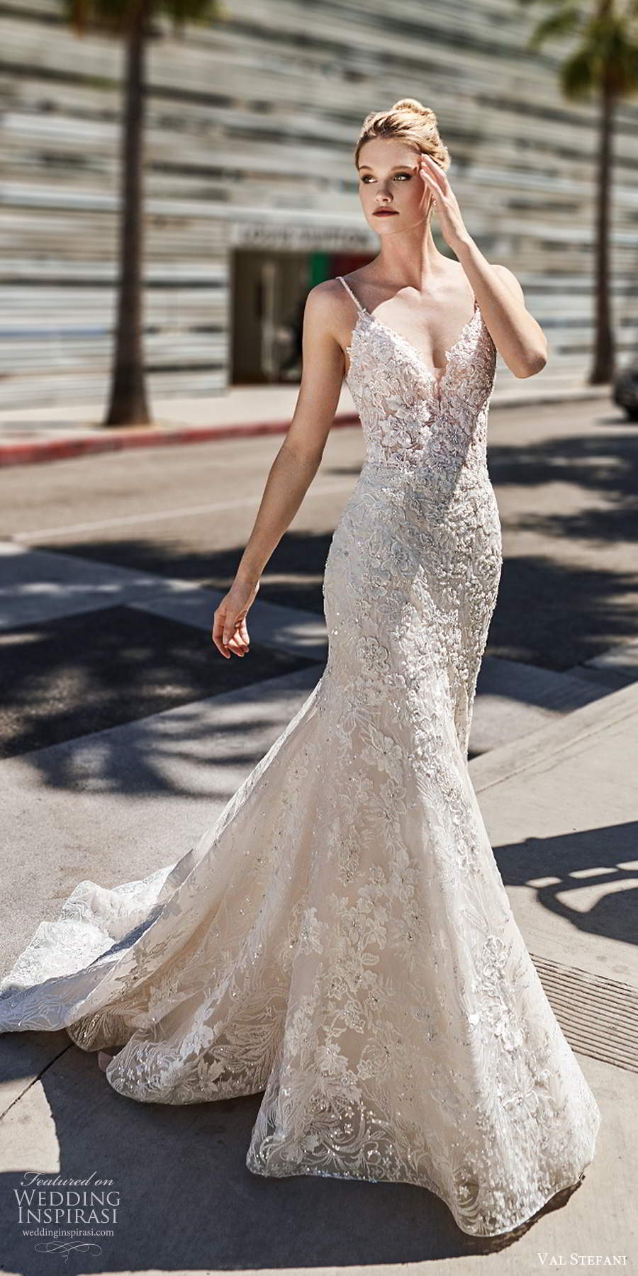 val stefani spring 2020 bridal sleeveless thin straps v neckline fully embellished lace fit flare trumpet a line wedding dress scoop back chapel train (4) mv