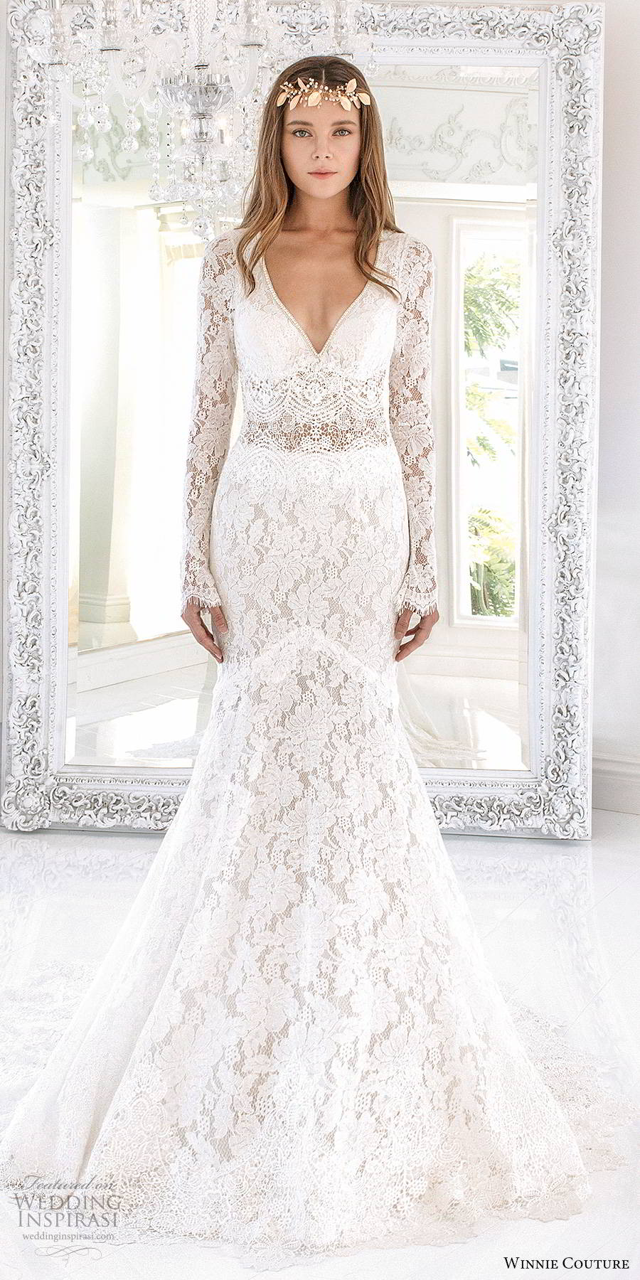 winnie couture 2019 bridal long sleeves deep v neckline fully embellished lace elegant boho fit flare mermaid wedding dress keyhole back (6) mv