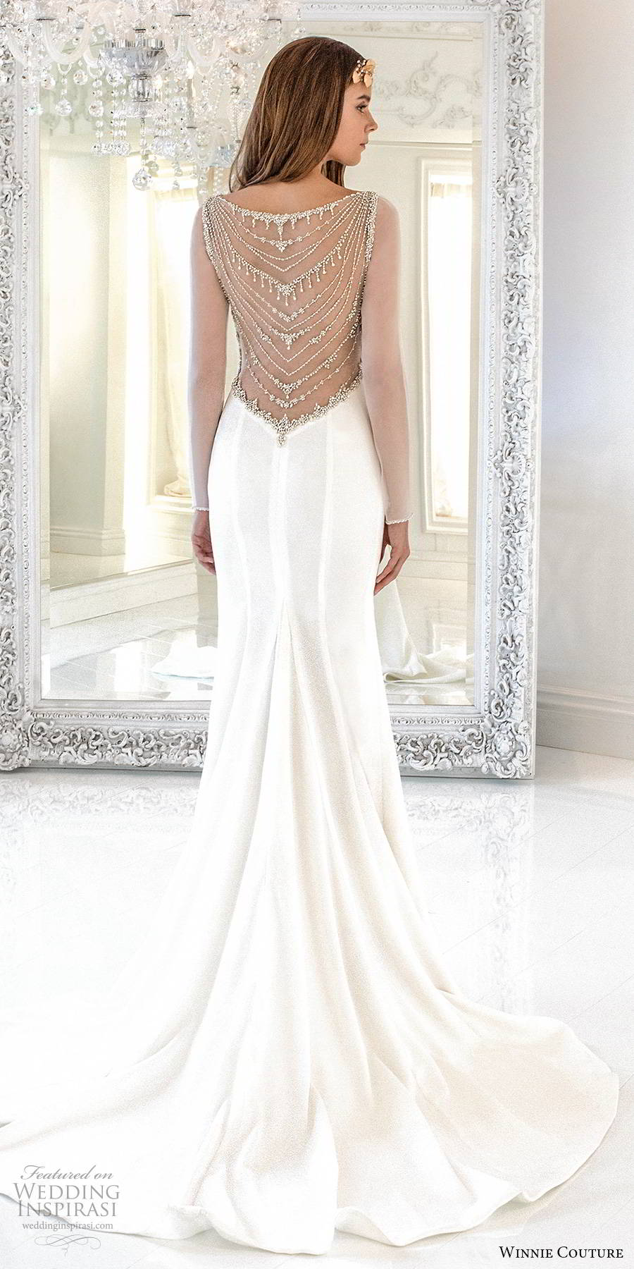 winnie couture 2019 bridal sheer long sleeves bateau neckline clean minimalist sheath glam wedding dress illusion back chapel train (14) bv