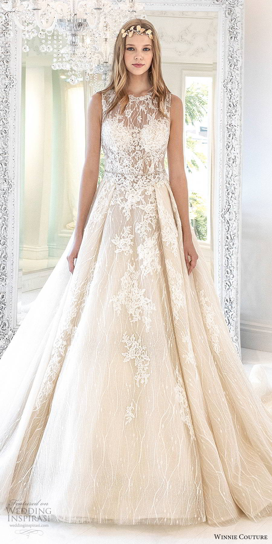 winnie couture 2019 bridal sleeveless illusion jewel sweetheart neckline fully embellished lace romantic a line wedding dress ball gown skirt blush chapel train (3) mv