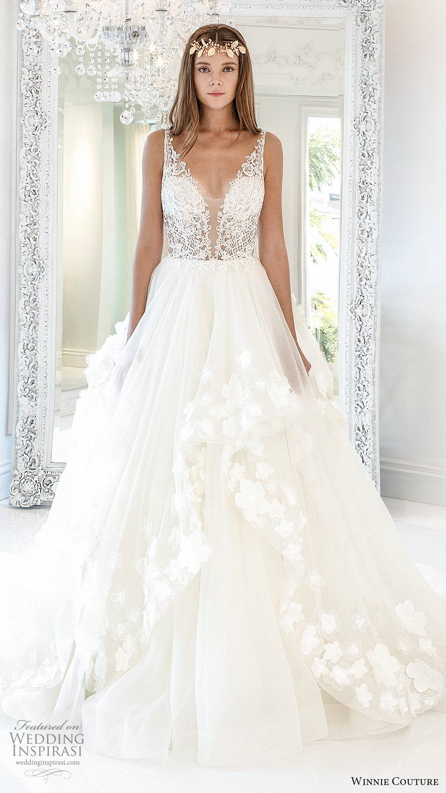 winnie couture 2019 bridal sleeveless straps plunging v neckline embellished bodice tiered skirt a line ball gown romantic wedding dress chapel train (2) mv