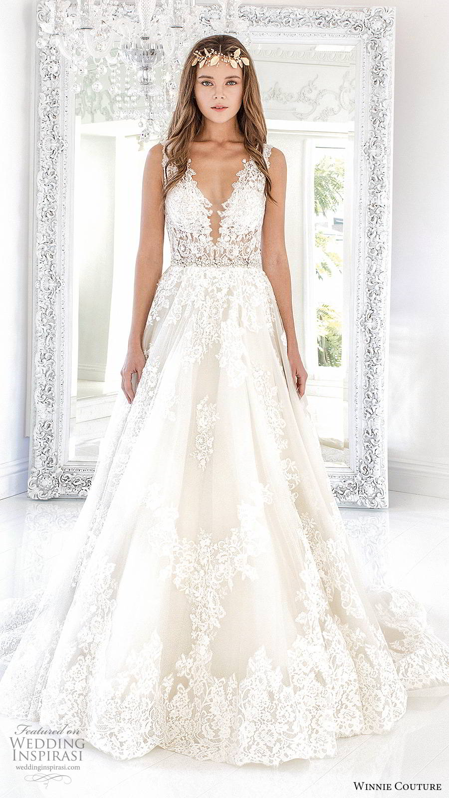 winnie couture 2019 bridal sleeveless thick straps plunging v neckline fully embellished lace romantic a line ball gown wedding dress keyhole back chapel train (5) mv