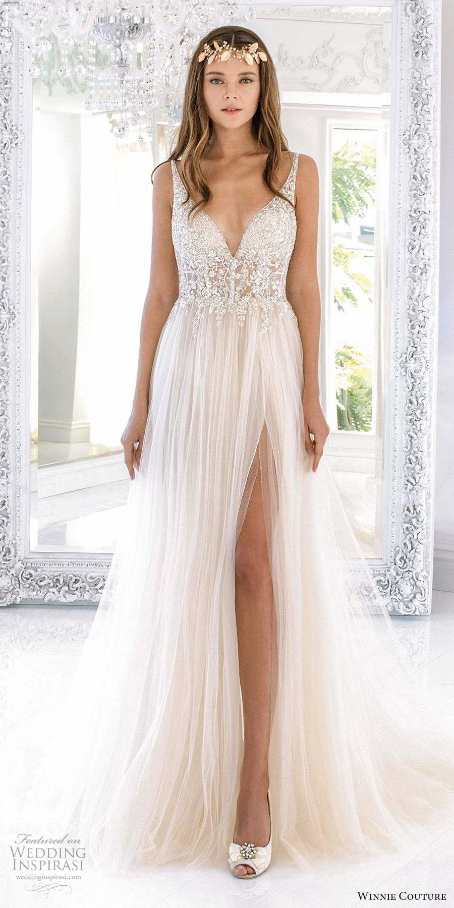 winnie couture 2019 bridal sleevless straps deep v neckline embellished sheer bodice romantic soft a line wedding dress slit skirt (9) mv