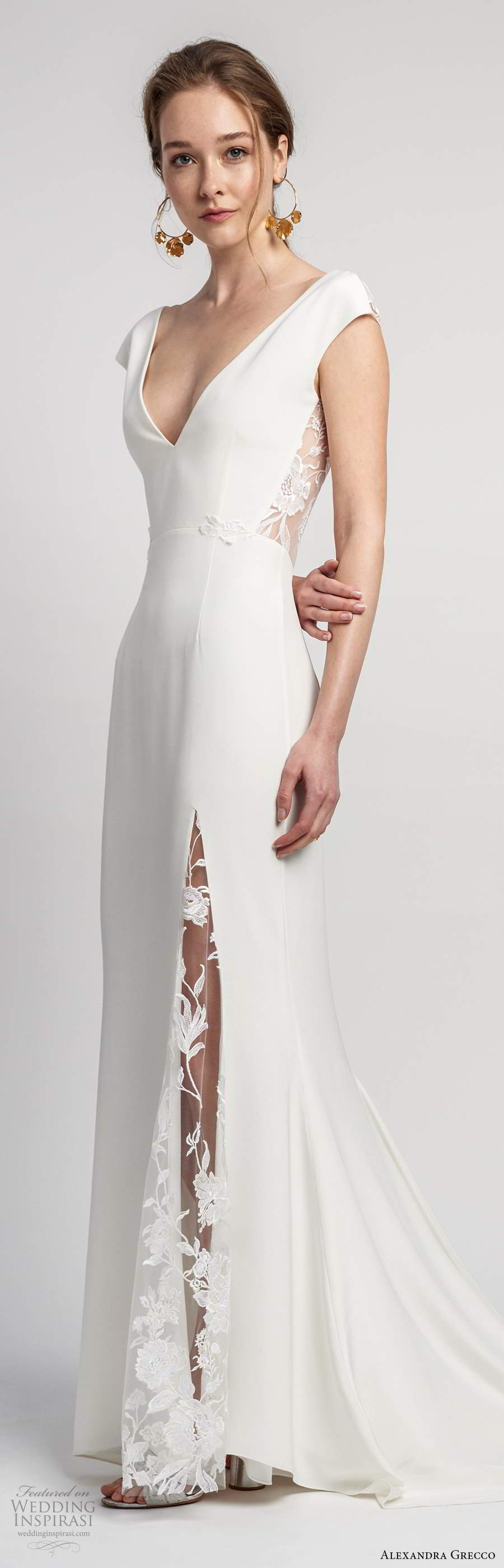 alexandra grecco 2020 bridal cap sleeves deep v neckline clean minimalist modified a line wedding dress slit skirt sheer v back cathedral train (7) lv alexandra grecco 2020 bridal cap sleeves deep v neckline clean minimalist modified a line wedding dress slit skirt sheer v back cathedral train (7) lv