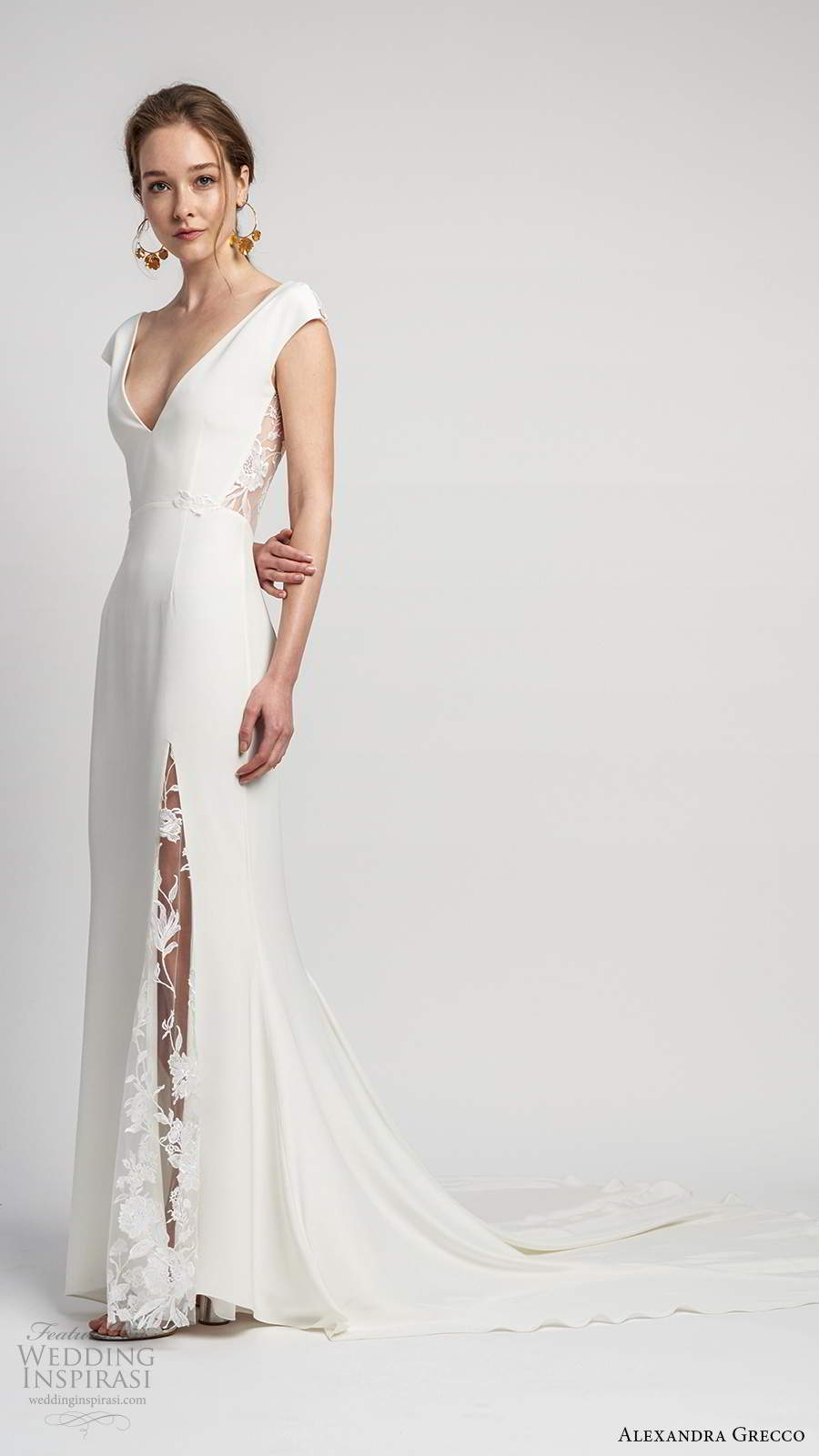 alexandra grecco 2020 bridal cap sleeves deep v neckline clean minimalist modified a line wedding dress slit skirt sheer v back cathedral train (7) mv