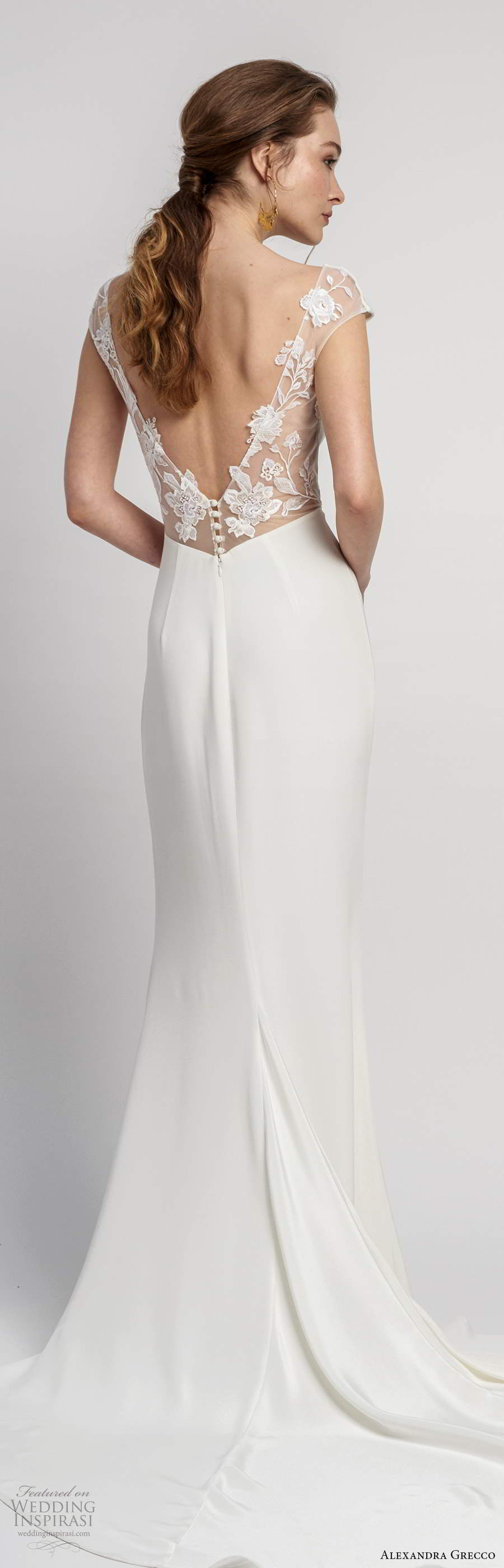 alexandra grecco 2020 bridal cap sleeves deep v neckline clean minimalist modified a line wedding dress slit skirt sheer v back cathedral train (7) zbv