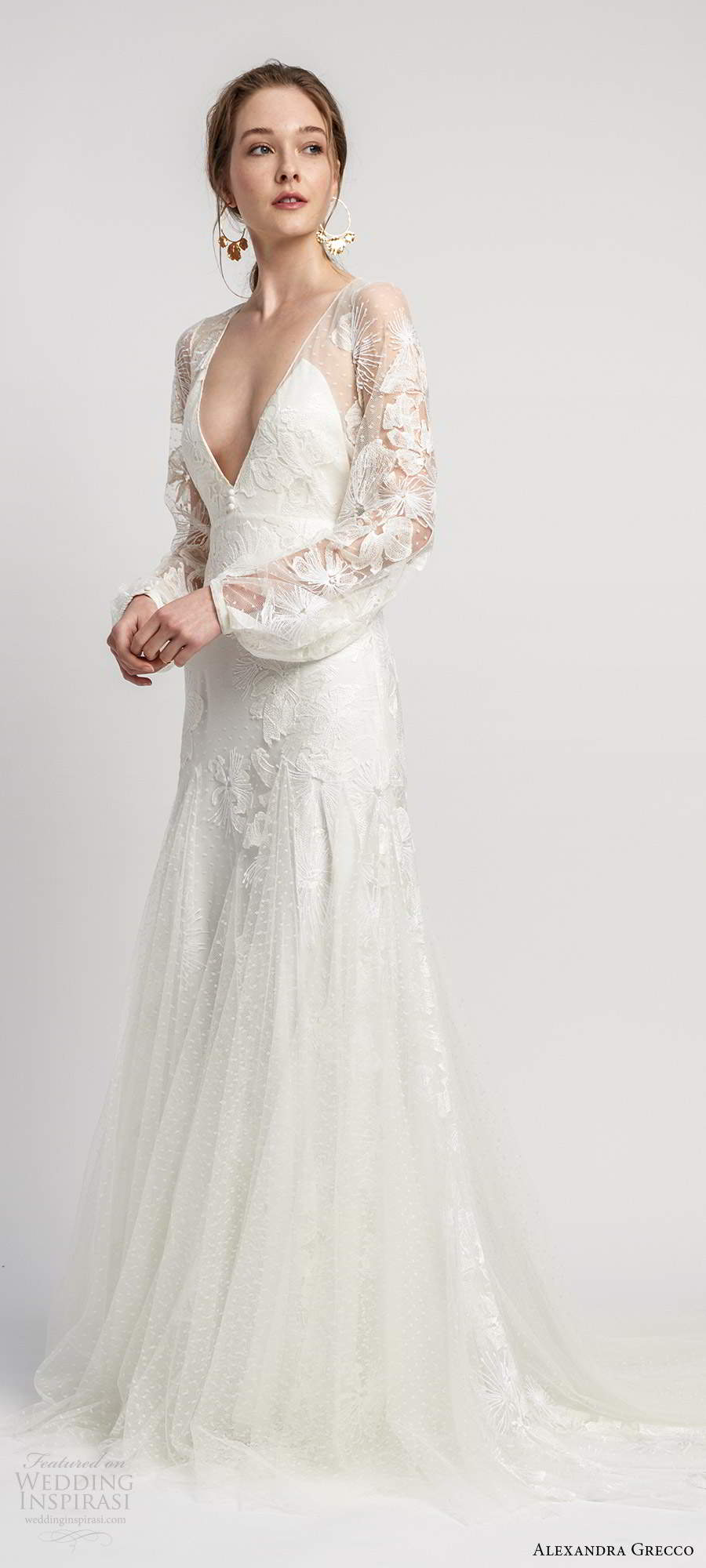 alexandra grecco 2020 bridal illusion long bishop sleeves plunging v neckline fully embellished lace fit flare mermaid boho wedding dress sheer back chapel train (2) mv