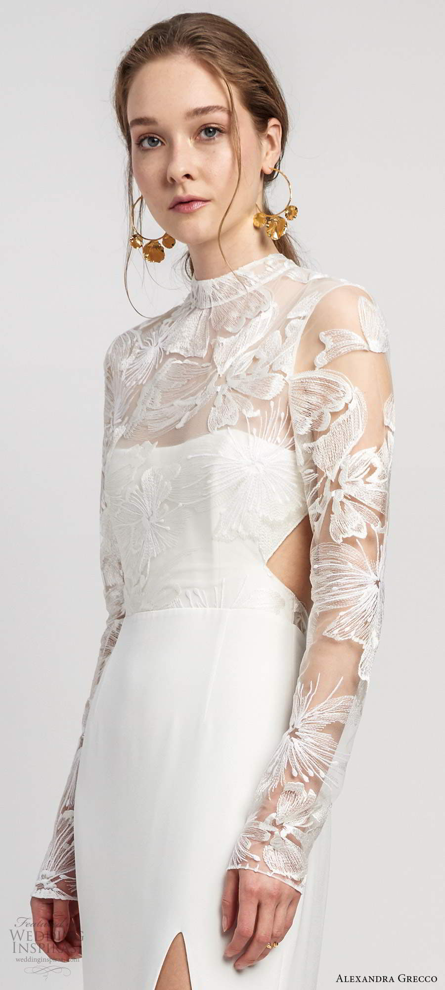 alexandra grecco 2020 bridal illusion long sleeves sheer high necklinge embellished lace bodice sheath wedding dress slit skirt cutout back cathedral train (4) zv alexandra grecco 2020 bridal illusion long sleeves sheer high necklinge embellished lace bodice sheath wedding dress slit skirt cutout back cathedral train (4) zv