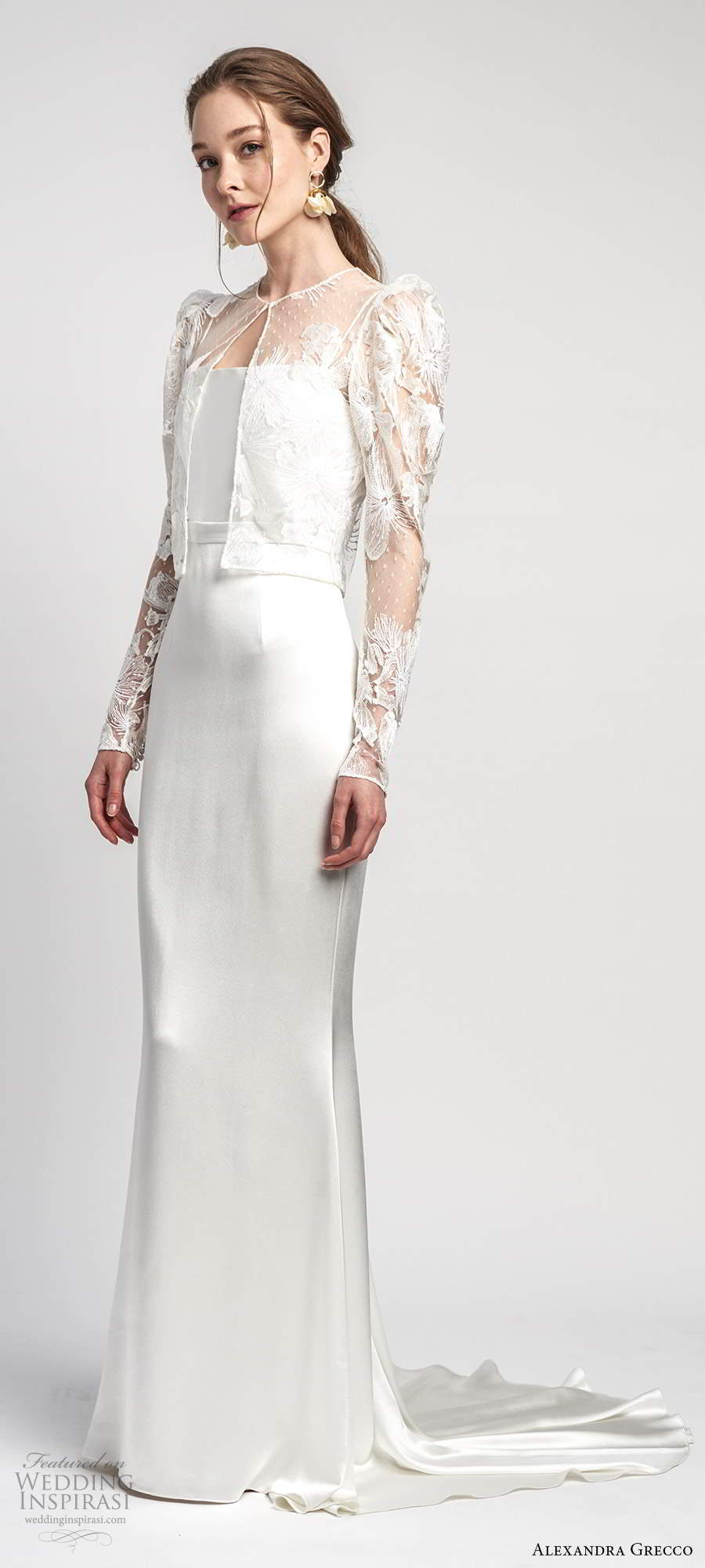 alexandra grecco 2020 bridal illusion puff sleeve jacket sleeveless thin straps straight across neckline sheath wedding dress chapel train (9) mv alexandra grecco 2020 bridal illusion puff sleeve jacket sleeveless thin straps straight across neckline sheath wedding dress chapel train (9) mv