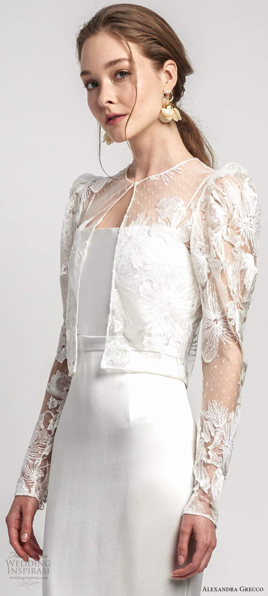 alexandra grecco 2020 bridal illusion puff sleeve jacket sleeveless thin straps straight across neckline sheath wedding dress chapel train (9) zv alexandra grecco 2020 bridal illusion puff sleeve jacket sleeveless thin straps straight across neckline sheath wedding dress chapel train (9) zv