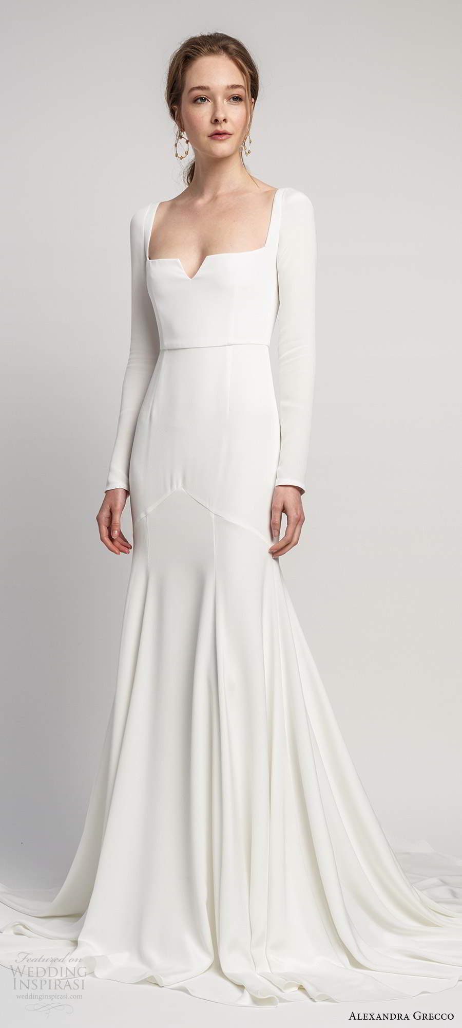 alexandra grecco 2020 bridal long sleeves square neckline minimalist clean fit flare mermaid wedding dress keyhole back chapel train (1) mv alexandra grecco 2020 bridal long sleeves square neckline minimalist clean fit flare mermaid wedding dress keyhole back chapel train (1) mv