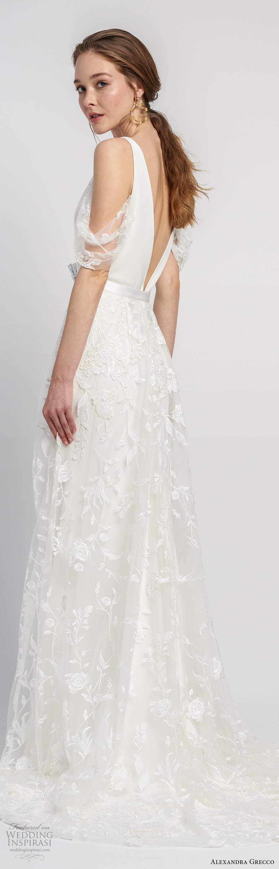alexandra grecco 2020 bridal sleeveless straps plunging v neckline sheath modern clean minimalist wedding dress a line overskirt v back chapel train (10) bv alexandra grecco 2020 bridal sleeveless straps plunging v neckline sheath modern clean minimalist wedding dress a line overskirt v back chapel train (10) bv