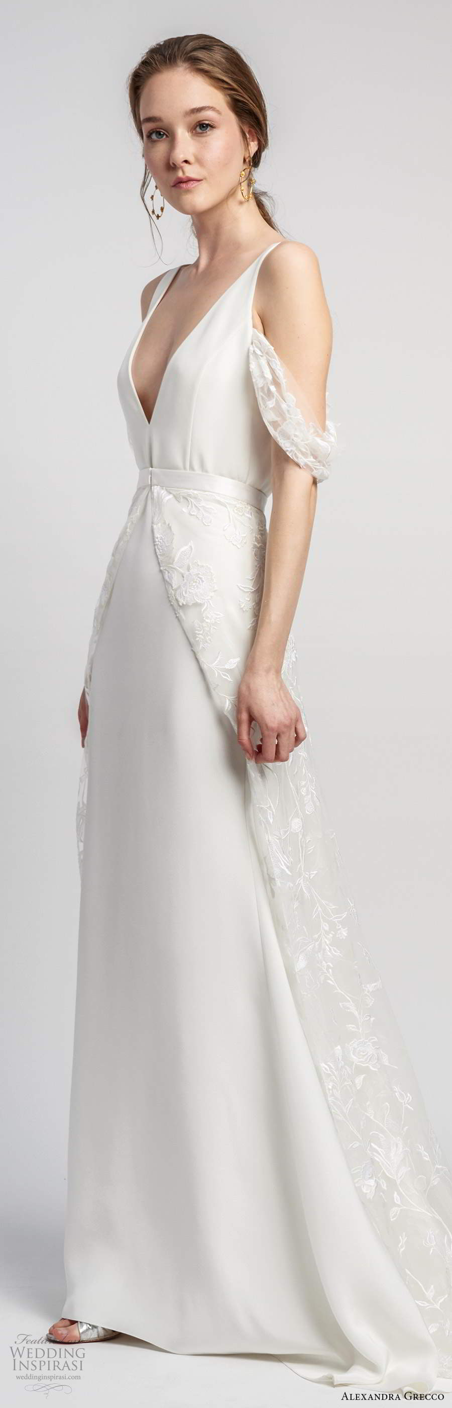 alexandra grecco 2020 bridal sleeveless straps plunging v neckline sheath modern clean minimalist wedding dress a line overskirt v back chapel train (10) mv alexandra grecco 2020 bridal sleeveless straps plunging v neckline sheath modern clean minimalist wedding dress a line overskirt v back chapel train (10) mv
