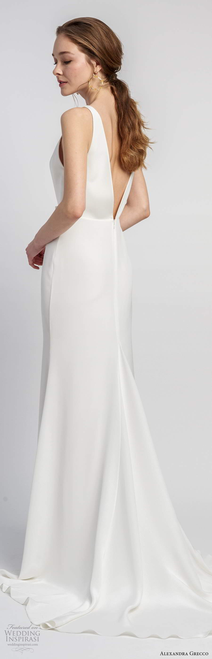alexandra grecco 2020 bridal sleeveless straps plunging v neckline sheath modern clean minimalist wedding dress v back chapel train (10) bv
